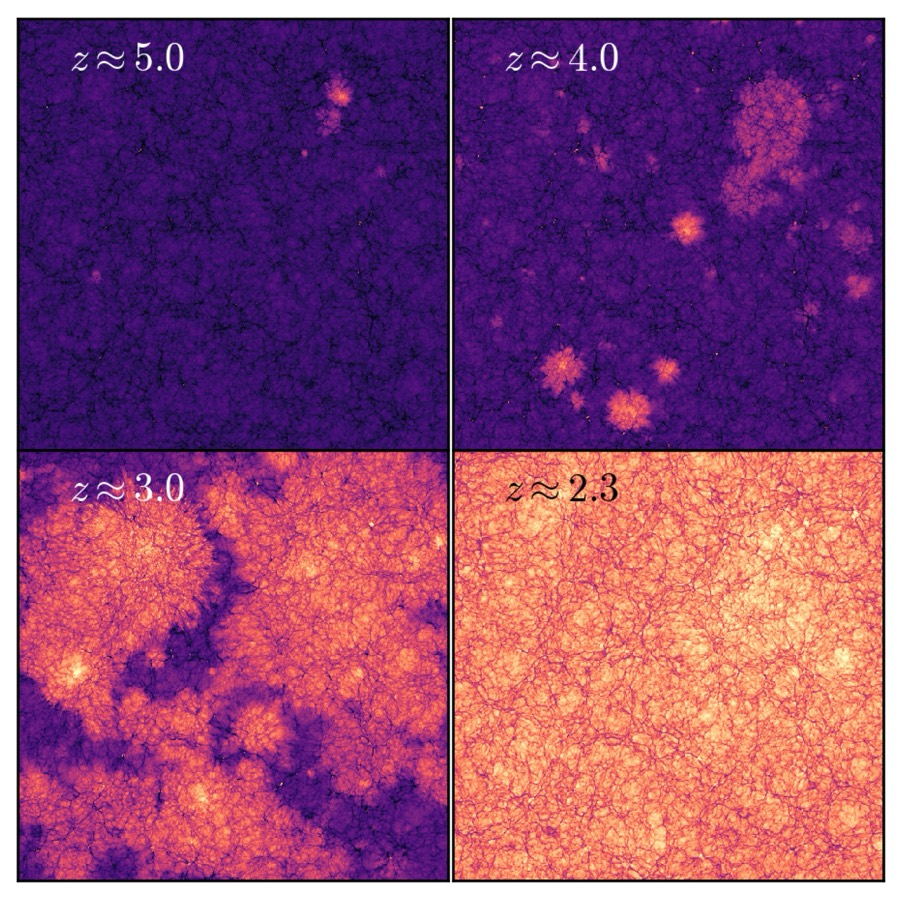 Maps of helium reionization at redshifts 5 to 2.3
