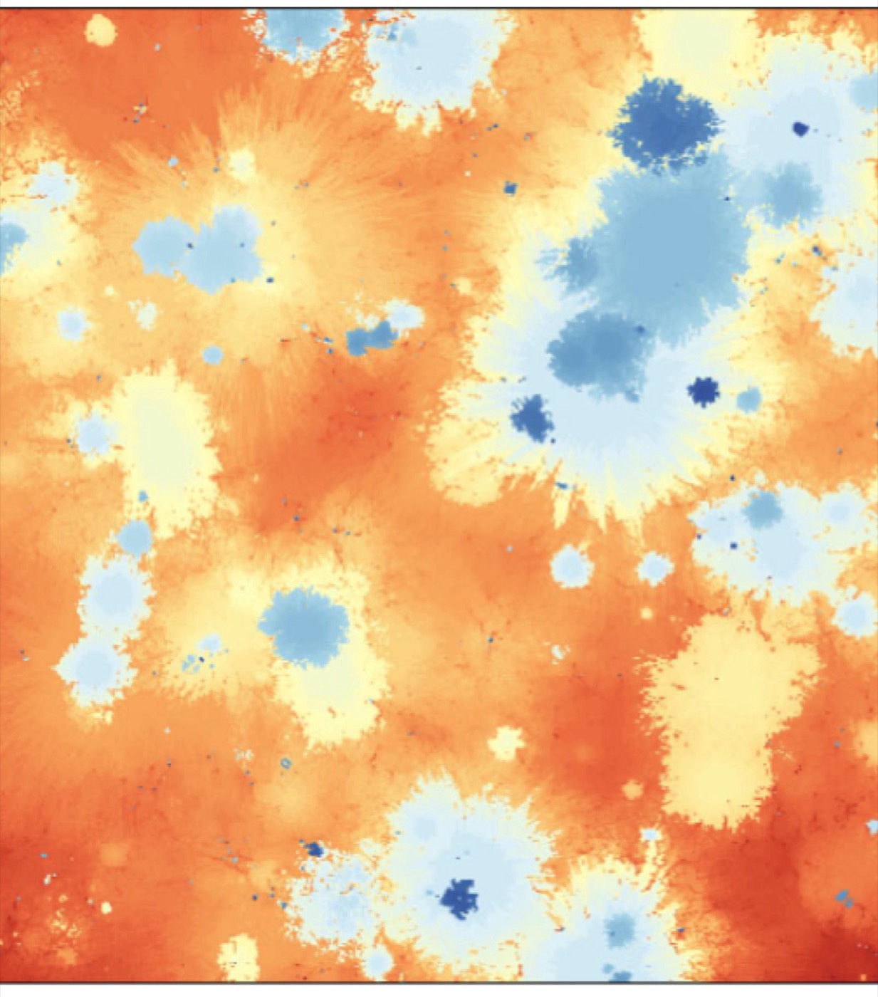 Map of He III regions (blue) around quasars in a partially ionized medium (orange)