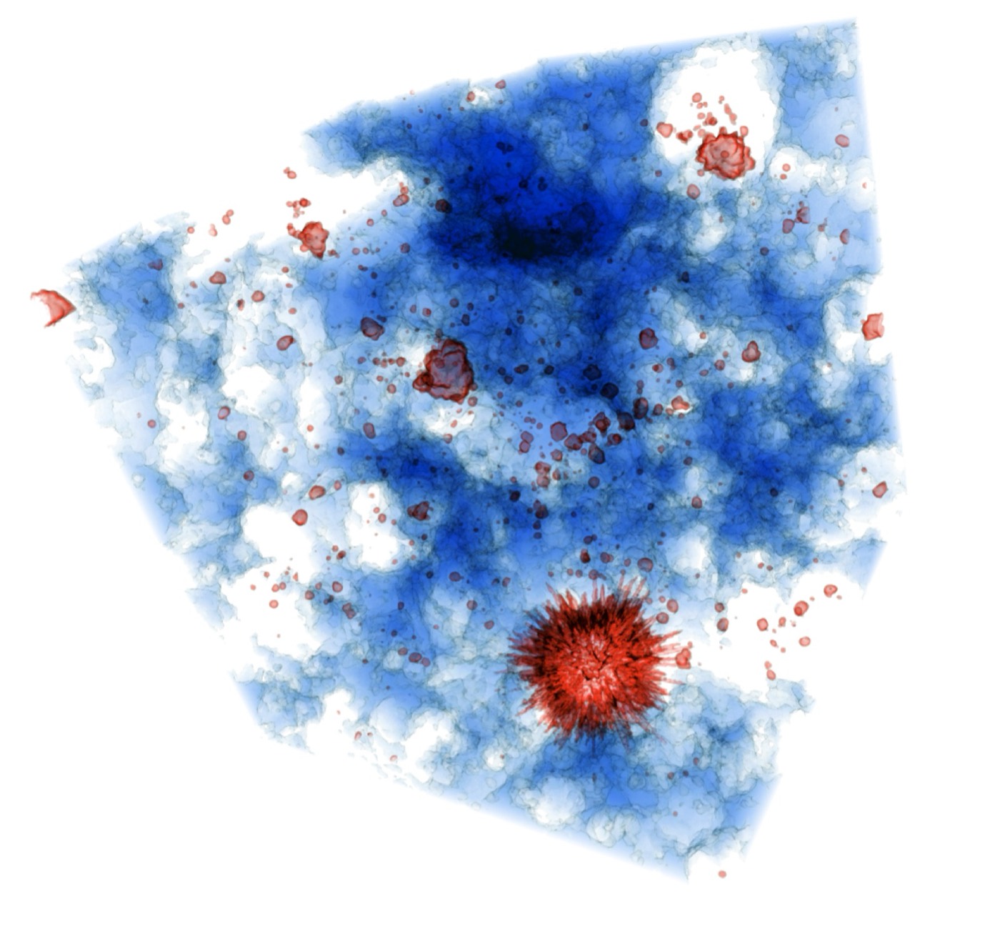 3D rendering of ionized bubbles (red) inside a neutral intergalactic medium (blue)